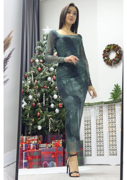 Kadın Kare Yaka Batik Desen Likralı Uzun Kollu Tül Büyük Beden Elbise Turkuaz fırsatları