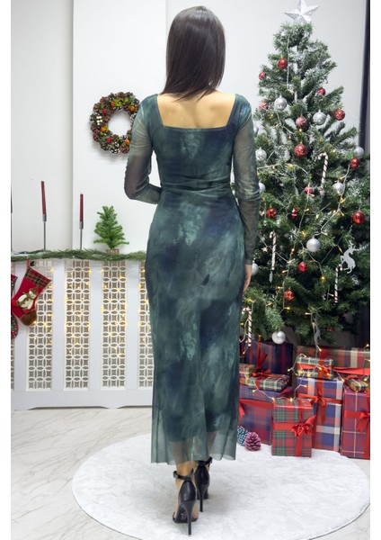 Kadın Kare Yaka Batik Desen Likralı Uzun Kollu Tül Büyük Beden Elbise Turkuaz indirimleri