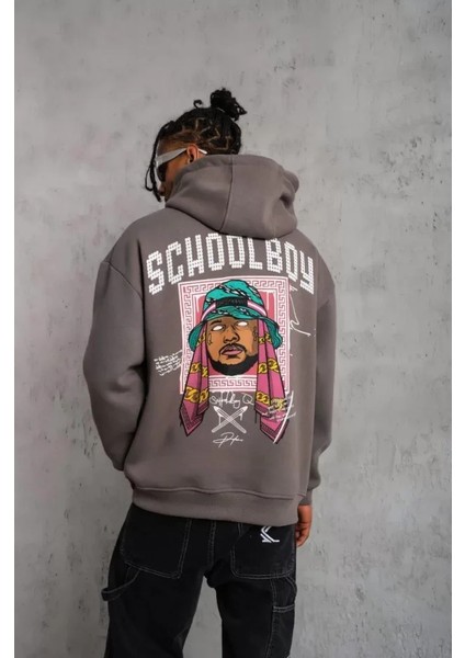 Erkek School Boy Baskılı Kapüşonlu Sweat - Gri