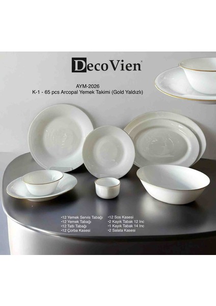 Decovien 65 Parça 12 Kişilik Opal Yemek Takımı (Gold Yaldızlı)