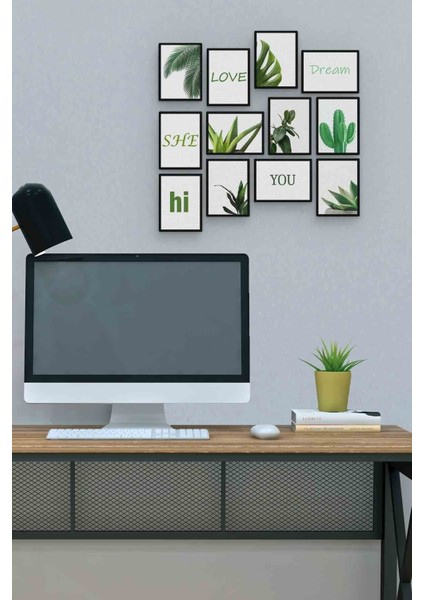 Yeşil Bitkiler 12 Parça Mdf (Ahşap) Tablo Ofis Boyu