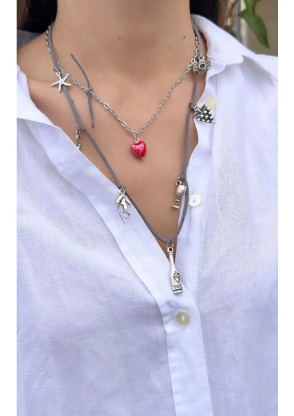 Ikili Charm ve Kalp Detaylı Tasarım Kolye
