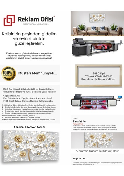 Altın Işlemeli Beyaz Çiçekler Dekoratif Premium Kanvas Tablo