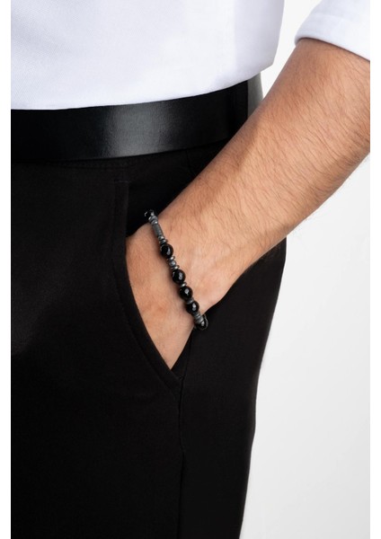 Hematit ve Oniks Taşlı Ayarlanabilir Gümüş Erkek Bileklik modelleri