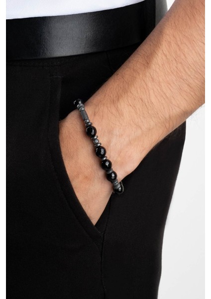 Hematit ve Oniks Taşlı Ayarlanabilir Gümüş Erkek Bileklik fırsatları