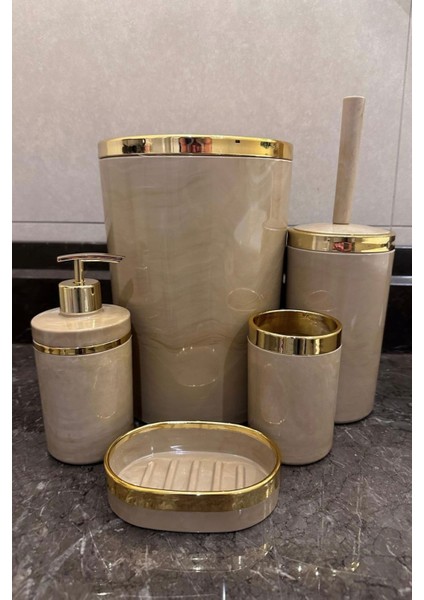 Banyo Seti 5'li,akrilik-Mermer Desenli-Çöpkovası,wc Fırçalık,sıvı Sabunluk,diş Fırçalık,el Sabunluk,gold Renk Detay