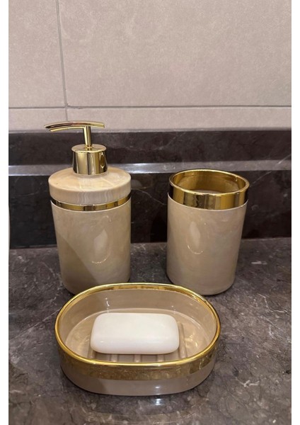 Banyo Seti 5'li,akrilik-Mermer Desenli-Çöpkovası,wc Fırçalık,sıvı Sabunluk,diş Fırçalık,el Sabunluk,gold Renk Detay