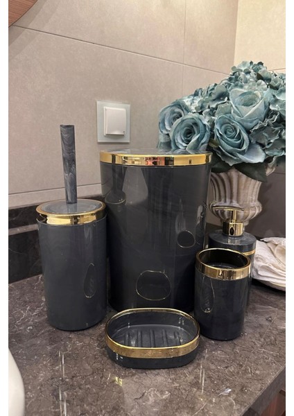 Banyo Seti 5'li,akrilik-Mermer Desenli-Çöpkovası,wc Fırçalık,sıvı Sabunluk,diş Fırçalık,el Sabunluk,gold Renk Detay