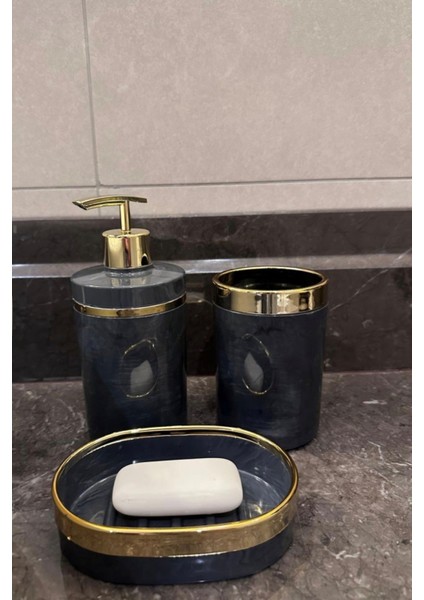 Banyo Seti 5'li,akrilik-Mermer Desenli-Çöpkovası,wc Fırçalık,sıvı Sabunluk,diş Fırçalık,el Sabunluk,gold Renk Detay modelleri