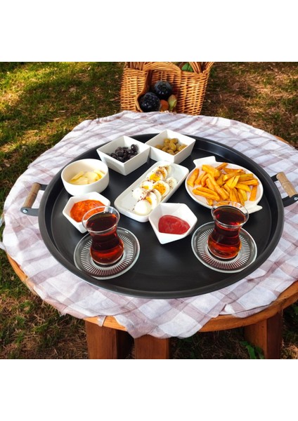 Ahşap Kulplu 50 cm Yuvarlak Metal Tepsi Kahvaltı Çay Kahve Sunum Tepsisi