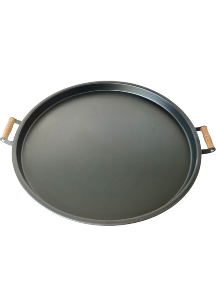 Ahşap Kulplu 50 cm Yuvarlak Metal Tepsi Kahvaltı Çay Kahve Sunum Tepsisi