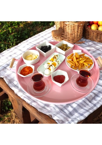 Ahşap Kulplu 2'li 50 cm ve 37 cm Yuvarlak Metal Tepsi Kahvaltı Çay Kahve Sunum Tepsisi fiyatları