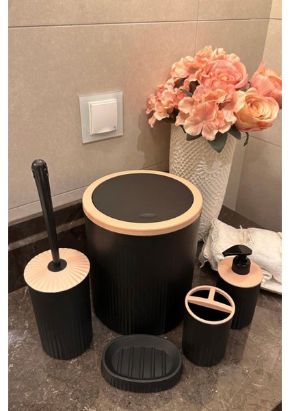 5'li Banyo Seti, Şık Tasarımlı, Beyaz ve Siyah Renk Seçenekleri,pudra Renk Detaylar, Yerli Üretim Türk Malı