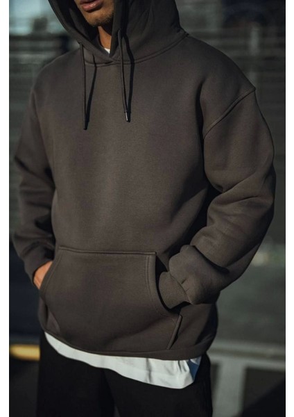Üç Iplik Penye Kapşonlu Basic Sweatshirt - Antrasit