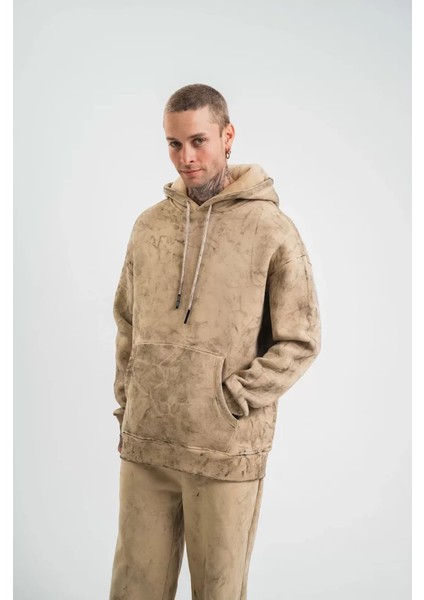 Double Oversize Kapşonlu Yıkamalı Sweatshirt - Bej