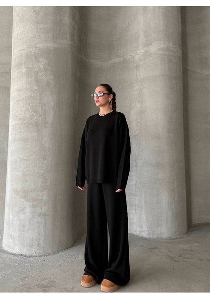 Kadın Siyah Bisiklet Yaka Beli Lastikli Geniş Paça Relax Triko Takım