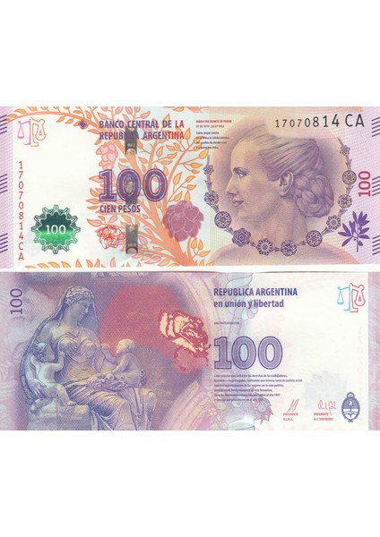 Arjantin 100 Peso, Hatıra, Eva Peron, Eski Yabancı Kağıt Para ,2012 "çil"