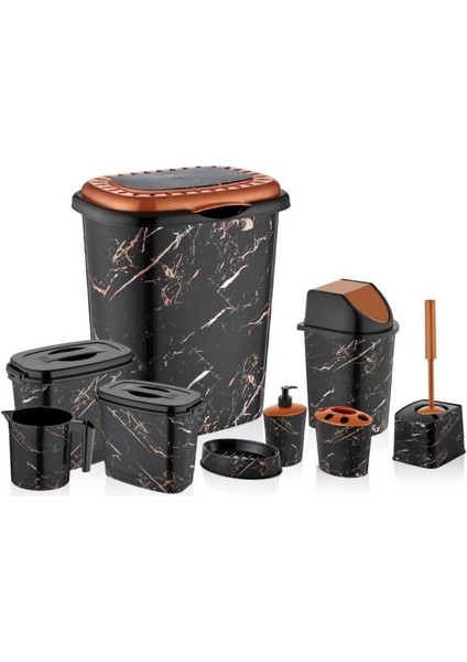 Siyah Mermer Desen 9 Parça Banyo Çamaşır Seti Kirli Sepeti+Deterjanlık Wc Fırçası Diğerleriyle Full
