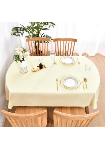 Sıvı Geçirmez Dertsiz Oval Masa Örtüsü Krem + 6 Peçete