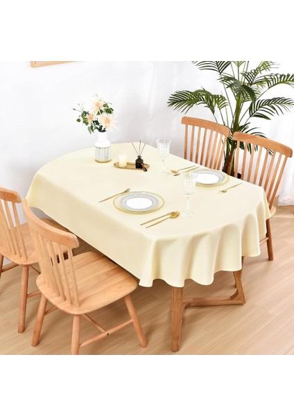 Sıvı Geçirmez Dertsiz Oval Masa Örtüsü Krem + 6 Peçete modelleri