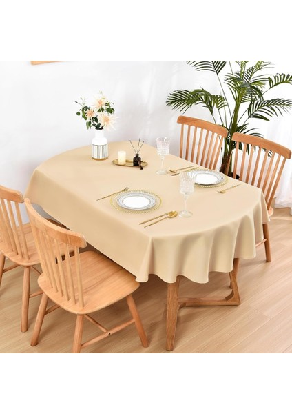 Sıvı Geçirmez Dertsiz Oval Masa Örtüsü Kapuçino + 12 Peçete