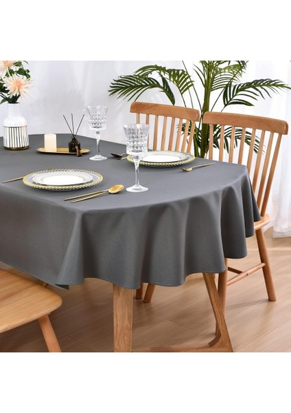 Sıvı Geçirmez Dertsiz Oval Masa Örtüsü Antrasit + 6 Peçete