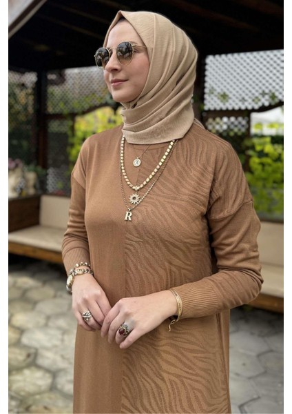 Zebra Desen Triko Elbise Camel