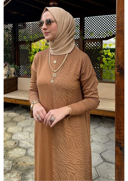 Zebra Desen Triko Elbise Camel