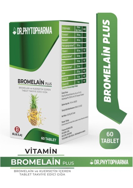 Bromelain, Kuersetin, Vitamin C, Vitamin D, Vitamin B12, Mate, Çinko, Krom Içeren Takviye 60 Tablet