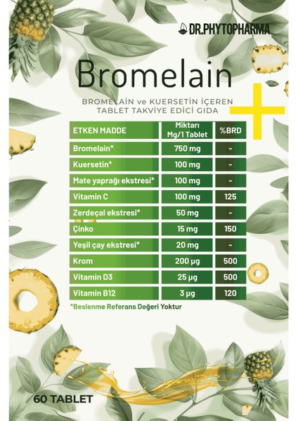 Bromelain, Kuersetin, Vitamin C, Vitamin D, Vitamin B12, Mate, Çinko, Krom Içeren Takviye 60 Tablet fiyatları