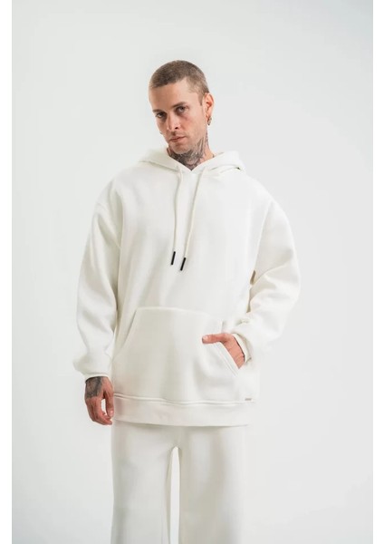 Double Oversize Kapşonlu Basic Sweatshirt - Beyaz