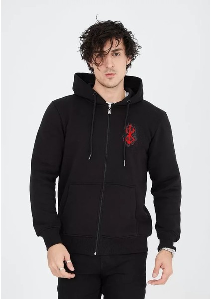 Baskılı Tam Fermuarlı Kapşonlu Sweatshirt - Siyah fiyatları