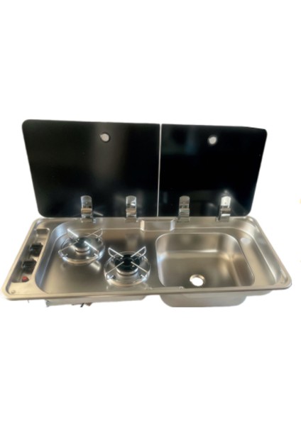 Üniversal Ikili Çift Cam Kapaklı Kombinasyon Ocak Evyeli 78X36 Yatek Karavan Tekne