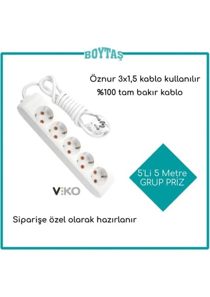 5'li 5 Metre Grup Priz-Beyaz(Öznur3*1,5 Kablo Kullanılır)