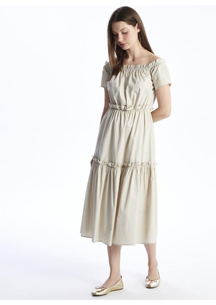 Kayık Yaka Düz Kısa Kollu Kadın Elbise