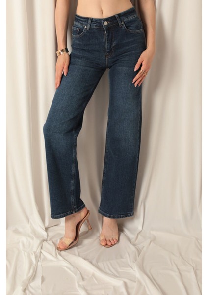Denim Kumaş Wide Leg Kadın Lacivert Kot Pantolon fırsatları