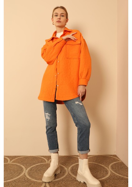 Jakar Kumaş Geometrik Desen Oversize Kadın Gömlek-Oranj modelleri