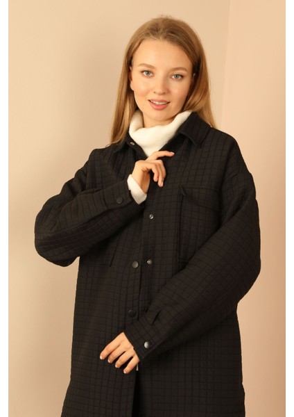 Jakar Kumaş Küçük Kare Desen Oversize Kadın Gömlek-Siyah fiyatları