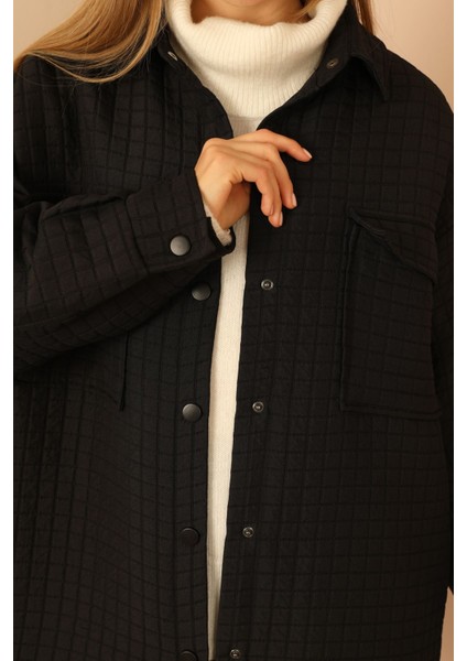 Jakar Kumaş Küçük Kare Desen Oversize Kadın Gömlek-Siyah fırsatları