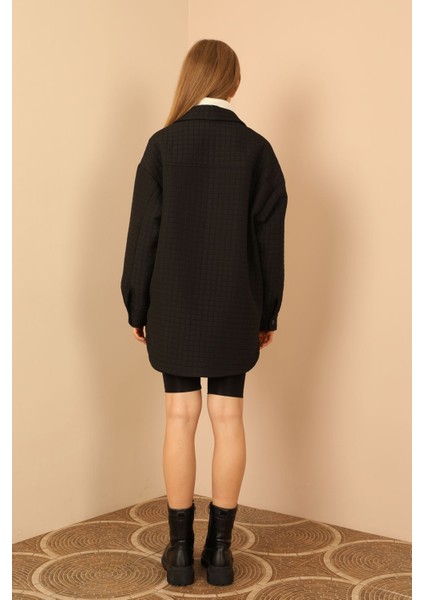 Jakar Kumaş Küçük Kare Desen Oversize Kadın Gömlek-Siyah indirimleri