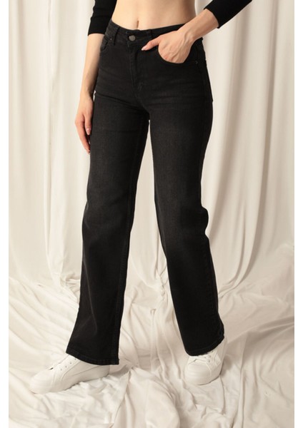Denim Kumaş Wide Leg Kadın Siyah Kot Pantolon