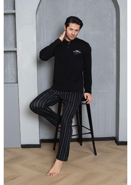 Erkek Yakası Düğmeli %100 Pamuklu Mevsimlik Örme Penye Uzun Kollu Pijama Takımı