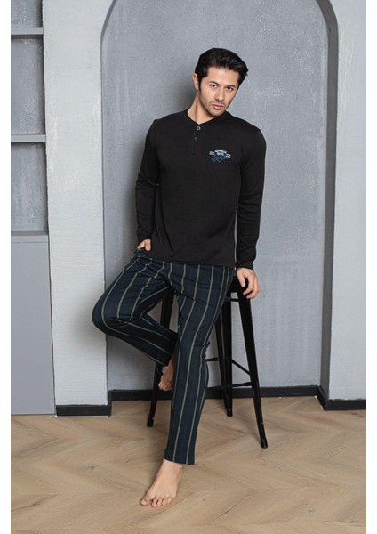 Erkek Yakası Düğmeli %100 Pamuklu Mevsimlik Örme Penye Uzun Kollu Pijama Takımı