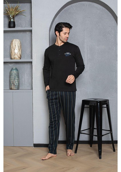 Erkek Yakası Düğmeli %100 Pamuklu Mevsimlik Örme Penye Uzun Kollu Pijama Takımı