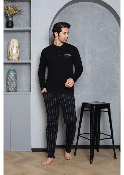 Erkek Yakası Düğmeli %100 Pamuklu Mevsimlik Örme Penye Uzun Kollu Pijama Takımı