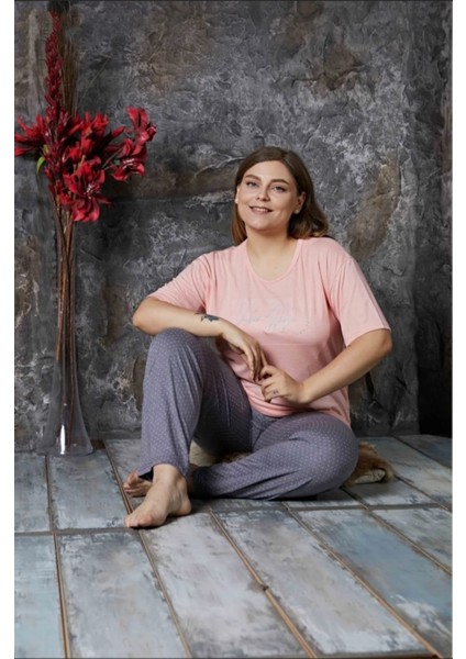Kadın Büyük Beden Baskılı Kısa Kollu Bambu Pijama Takımı