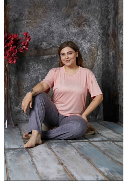 Kadın Büyük Beden Baskılı Kısa Kollu Bambu Pijama Takımı modelleri