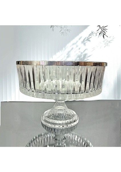 Metal Ağızlı 25 Cm Ayaklı Kesme Kristal Cam Salata /Sunum Kasesi -Meyvelik