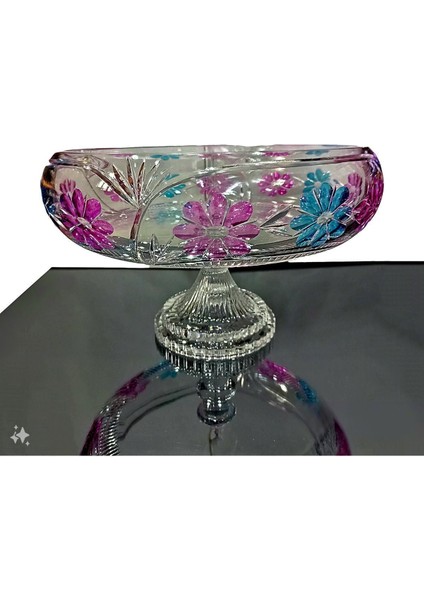 Ay Home Renkli Kesme Kristal Ayaklı Kase/ Salata Kasesi- Sunum Kasesi-Meyvelik 28*28 Cm