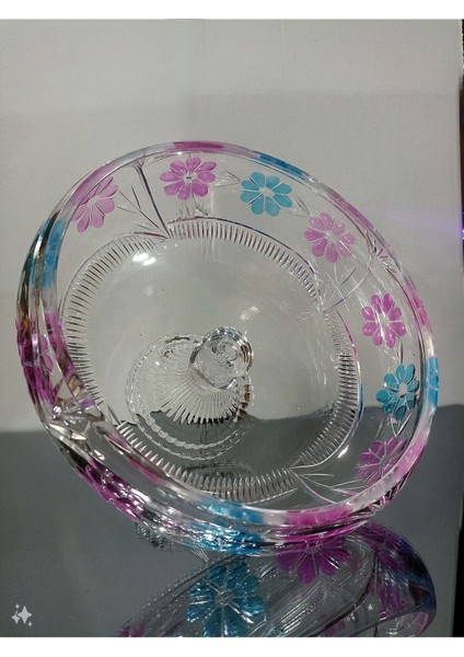 Ay Home Renkli Kesme Kristal Ayaklı Kase/ Salata Kasesi- Sunum Kasesi-Meyvelik 28*28 Cm